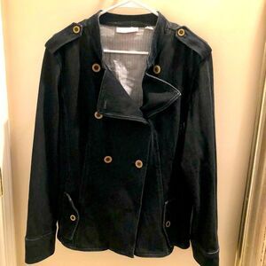 Coldwater Creek double breasted, dark denim jacket.